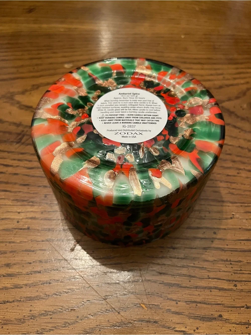 Zodax Spangled Glass Ambered Spice Scented Candle - Red, Green & Gold